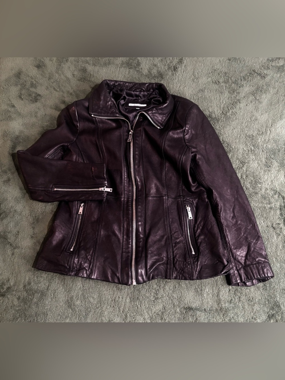 Vintage Y2K Calvin Klein med large Leather jacket women’s Black silver zippers